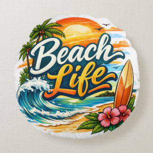 Cojín Redondo Vida de Playa – Ocaso Tropical de Surf