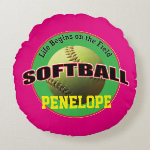 Cojín Redondo Vida del softball en rosado y verde con el texto