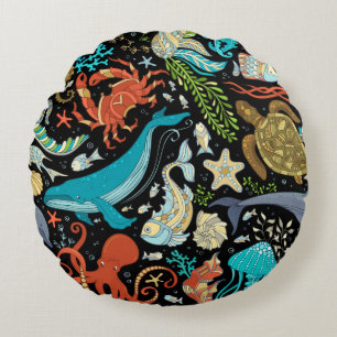 Cojín Redondo Vida marina salvaje: colorida cosecha.