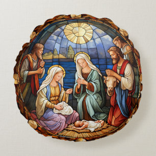 Cojín Redondo Vidriera de la Natividad de Navidad