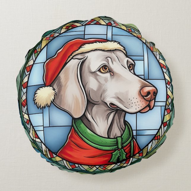 Cojín Redondo Vidriera de Navidad Weimaraner (Reverso)