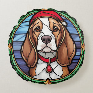 Cojín Redondo Vidrio de colores de Navidad Beagle
