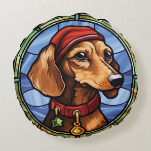 Cojín Redondo Vidrio emplomado de perro salchicha en Navidad