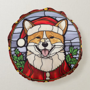 Cojín Redondo Vidrio emplomado de Shiba Inu para Navidad