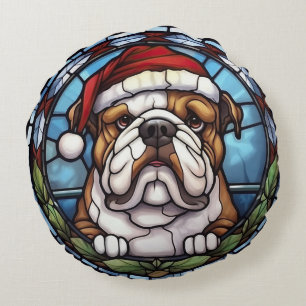 Cojín Redondo Vidrio Pintado de Bulldog Navidad