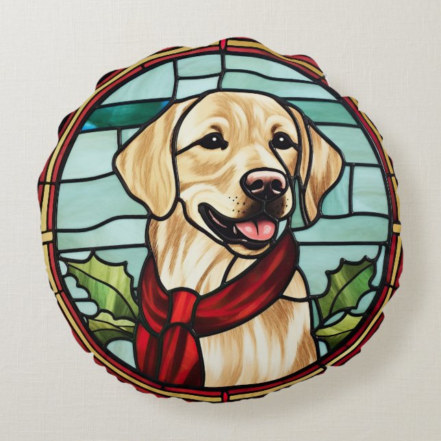 Cojín Redondo Vidrio Pintado de Labrador Navidad (Reverso)