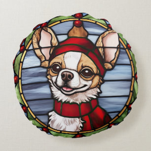 Cojín Redondo Vidrio Pintado de Navidad Chihuahua