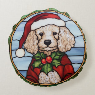 Cojín Redondo Vidrio Pintado de Navidad de Caniche