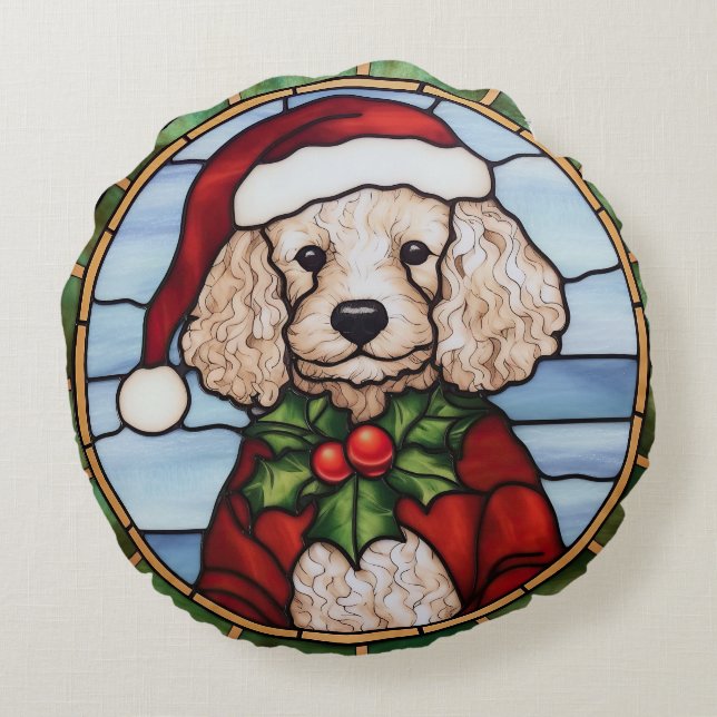 Cojín Redondo Vidrio Pintado de Navidad de Caniche (Reverso)