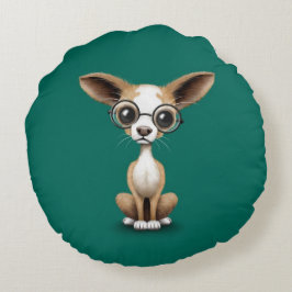 Cojín Redondo Vidrios del ojo de la chihuahua que llevan curiosa
