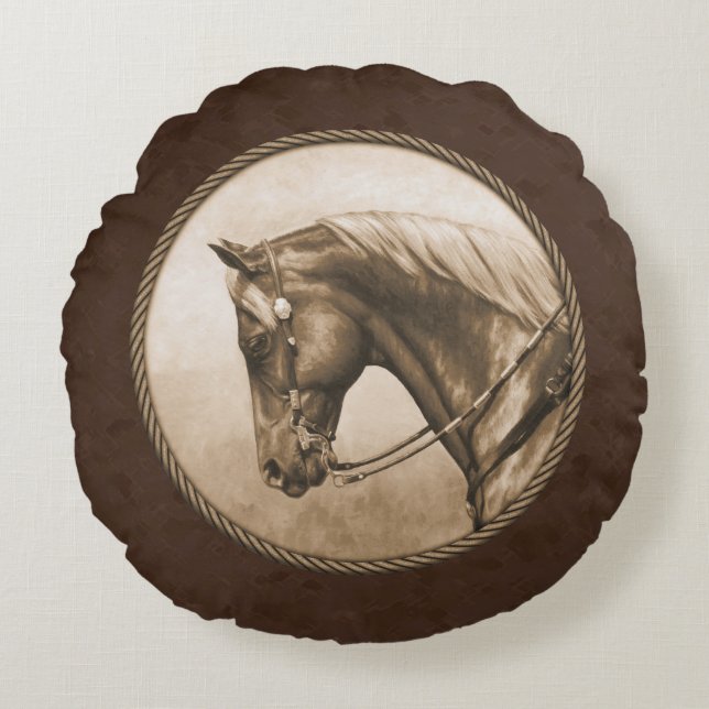 Cojín Redondo Viejo Barrio Oeste Caballo Sepia Brown (Anverso)