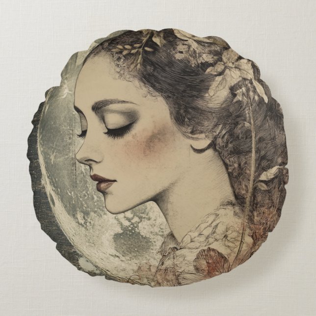 Cojín Redondo Viejo Boho Sideview mujer y luna creciente (Anverso)