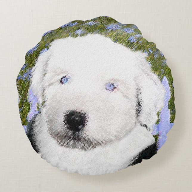 Cojín Redondo Viejo perro pastor inglés con pintura de cachorros (Reverso)