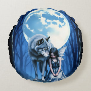 Cojín Redondo Vínculo a la luz de la luna: el lobo y la hada gót