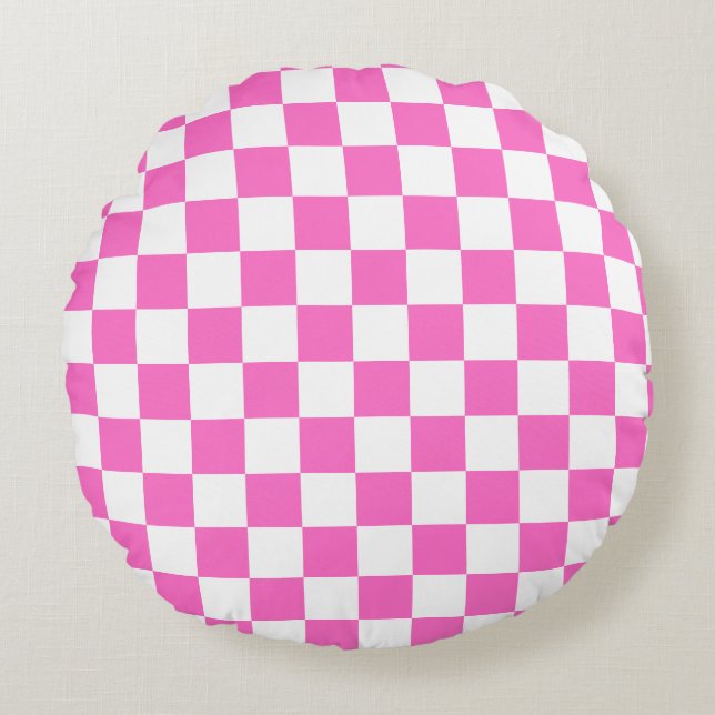 Cojín Redondo Viñeta de tablero de ajedrez rosa y blanco (Anverso)