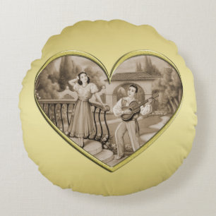 Cojín Redondo Viñeta Romance, hombre y mujer, oro
