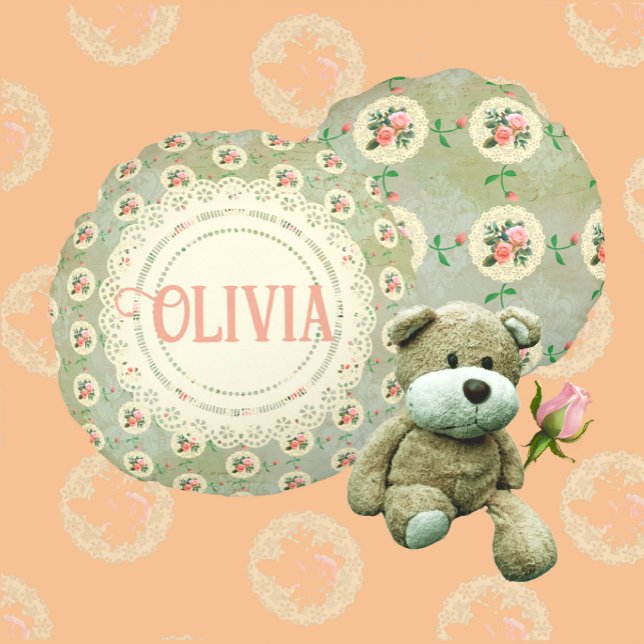 Cojín Redondo Viñeta Rosa personalizado Doily Green Damask (Showing front and back of this darling round pillow!)