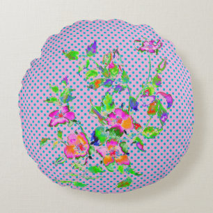 Cojín Redondo Vintage acuarela rosas naranjas rosados polkadots