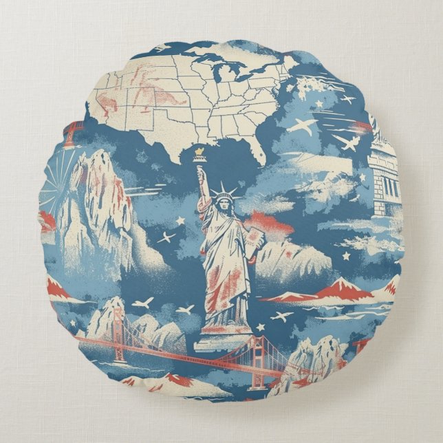 Cojín Redondo Vintage American Landmark Pattern - Liberty, Estad (Anverso)