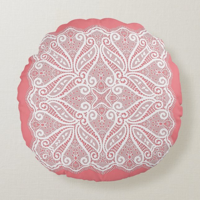 Cojín Redondo Vintage blanco rosa doily rosa (Anverso)