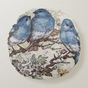 Cojín Redondo Vintage bluebird ilustracion lindo pájaros natural
