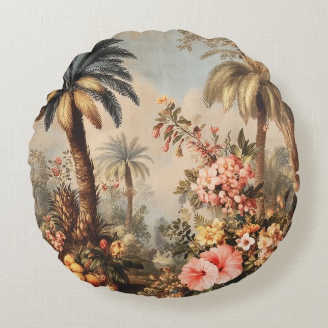 Cojín Redondo Vintage Botanical Scene with Palms (Anverso)