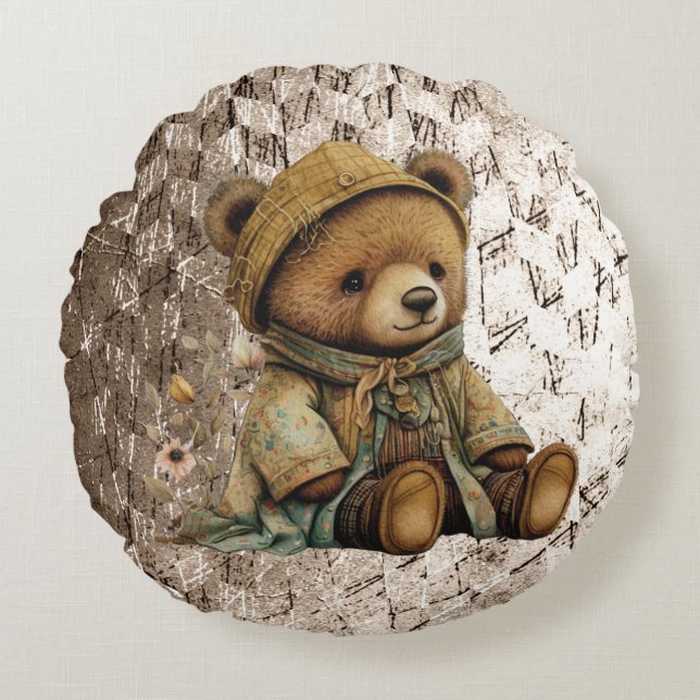 Cojín Redondo Vintage Brown Teddy Bear (Anverso)