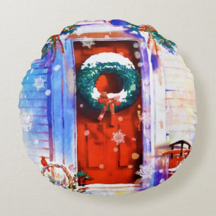 Cojín Redondo Vintage Christmas invierno Red Home Door Watercolo