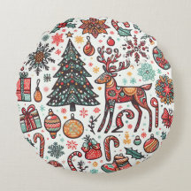 Vintage Christmas Retro Tree Regalo Round Pillow