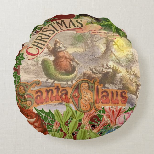 Cojín Redondo Vintage Christmas Santa Claus Sleigh (Anverso)