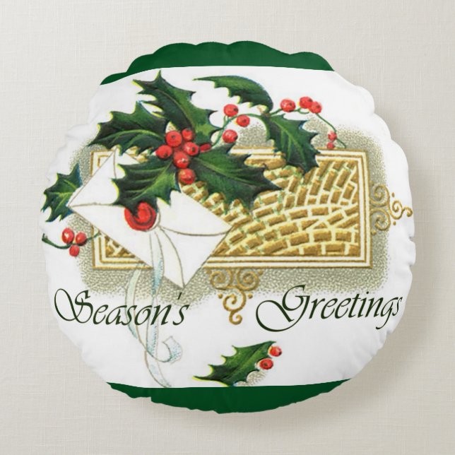 Cojín Redondo Vintage Christmas Seasons Greetings (Anverso)