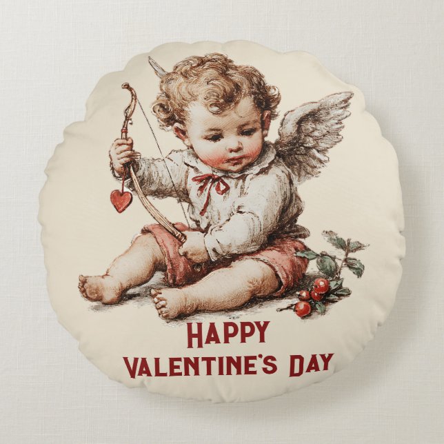 Cojín Redondo Vintage Cupid With Heart Bow (Anverso)