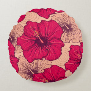 Cojín Redondo Vintage de las flores de hibiscus dibujadas a mano