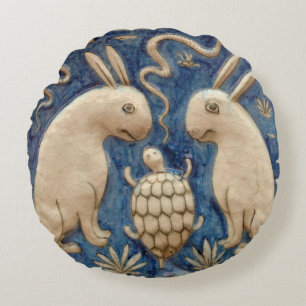 Cojín Redondo Vintage español Tile Animal Rabbit Tortoise Blue