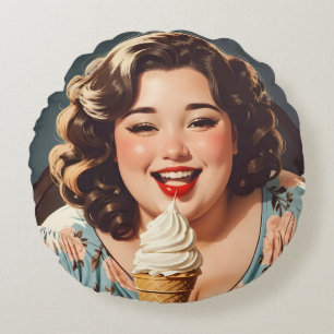 Cojín Redondo Vintage feliz mujer comiendo helado