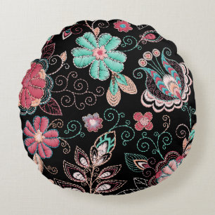 Cojín Redondo Vintage Floral Embroidery Dark Pattern