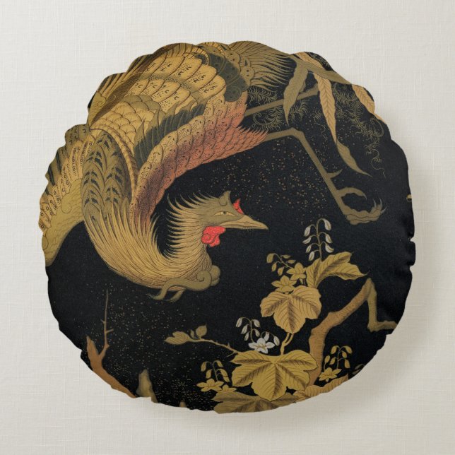 Cojín Redondo Vintage Japonés Phoenix Gold Black Bird (Anverso)