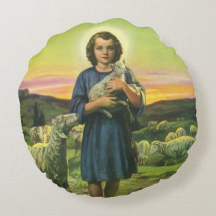 Cojín Redondo Vintage Jesucristo el Pastor con Cordero Bebé