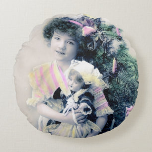 Cojín Redondo Vintage Joyeux Noël con Chica y muñeca