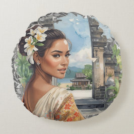Cojín Redondo Vintage, Lovely Bali Women and Tropical Paradise