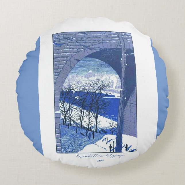 Cojín Redondo "Vintage Manhattan Cityscape 1890" (Anverso)