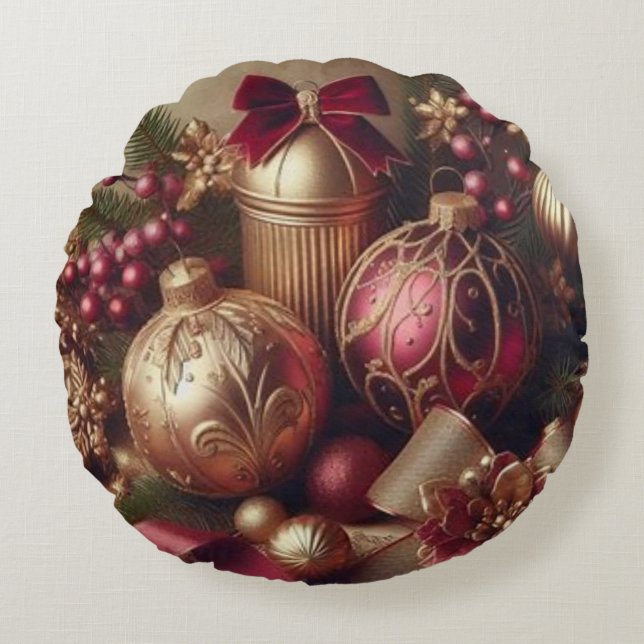 Cojín Redondo Vintage Maroon and Gold Navidades (Anverso)