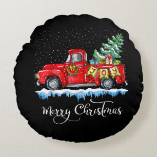 Cojín Redondo Vintage Merry Christmas Red Truck Old Fashioned Ch