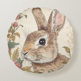 Cojín Redondo Vintage Rabbit, Cute Bunny Rabbit, Flowers Pattern