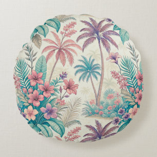 Cojín Redondo Vintage Retro Tropical Palm Tree & Floral Garden