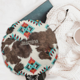 Cojín Redondo Vintage Rustic Boho Western Piel de vaca Cowgirl