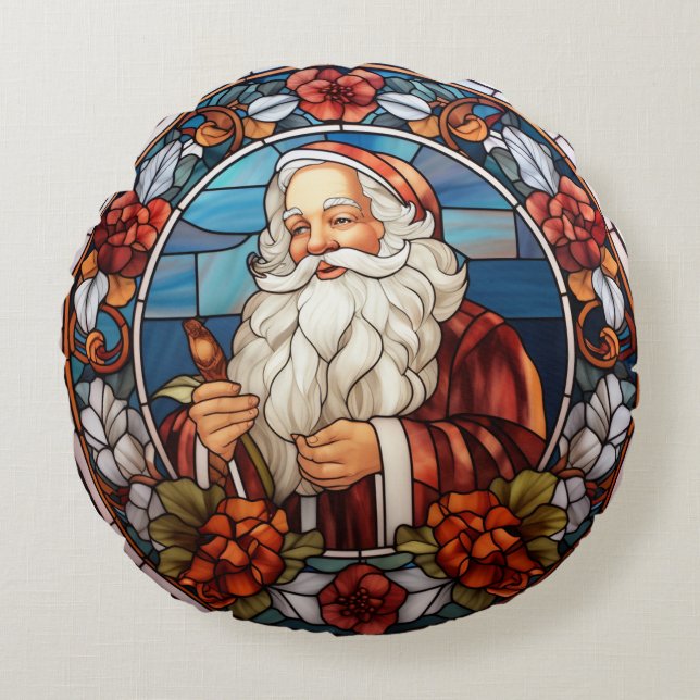 Cojín Redondo Vintage Santa Faux StainGlass Holiday (Anverso)