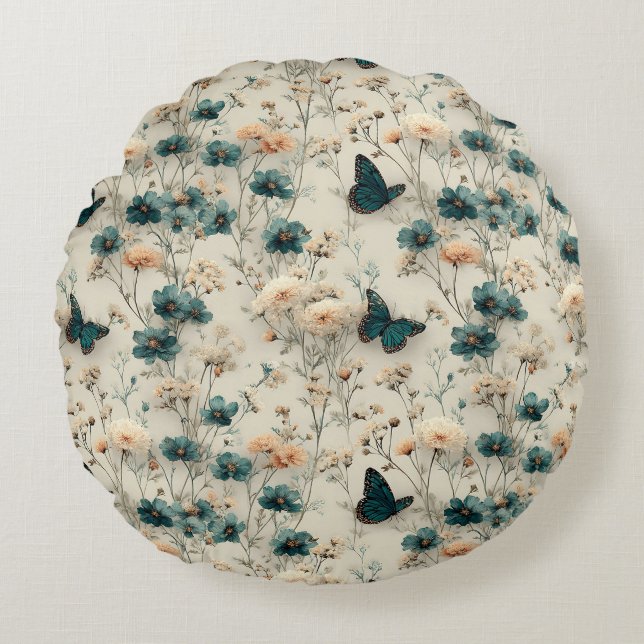 Cojín Redondo Vintage Spring Flowers and Butterflies (Anverso)