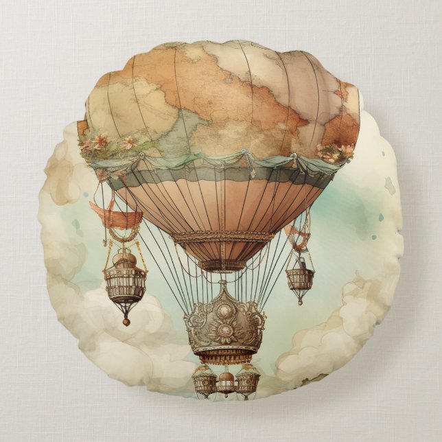 Cojín Redondo Vintage Steampunk Hot Air Balloon (5) (Anverso)