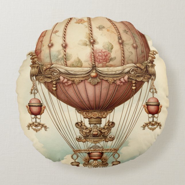 Cojín Redondo Vintage Steampunk Pink Hot Air Balloon (Anverso)
